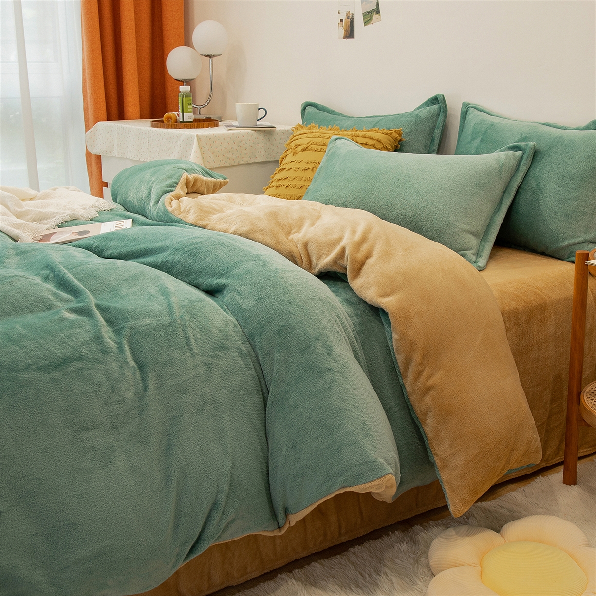 91家纺网 家纺一手货源 找家纺 兰紫橙家纺 2025新款双面绒纯色双拼牛奶绒四件套 竹青+驼色