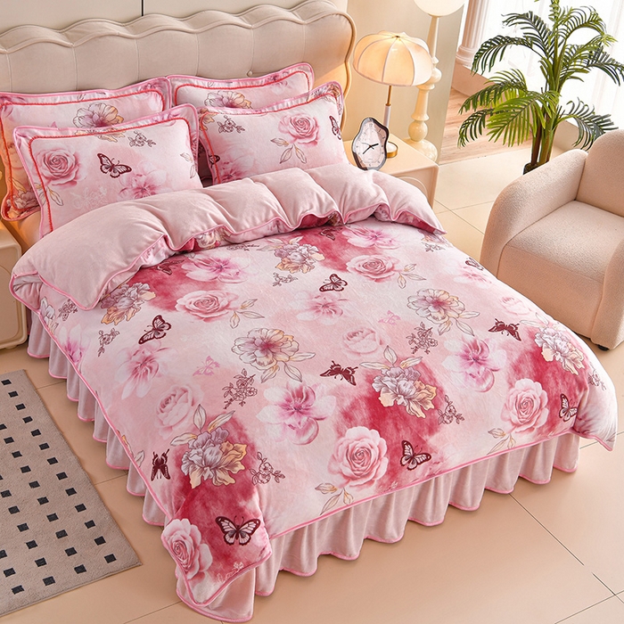 德比尔斯 2025新款牛奶绒床裙四件套8-9斤法莱绒直播爆款日产2万套 蝶恋花