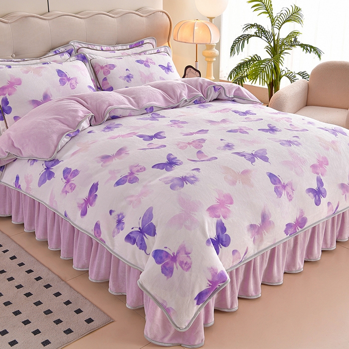 德比尔斯 2025新款牛奶绒床裙四件套8-9斤法莱绒直播爆款日产2万套 紫蝴蝶