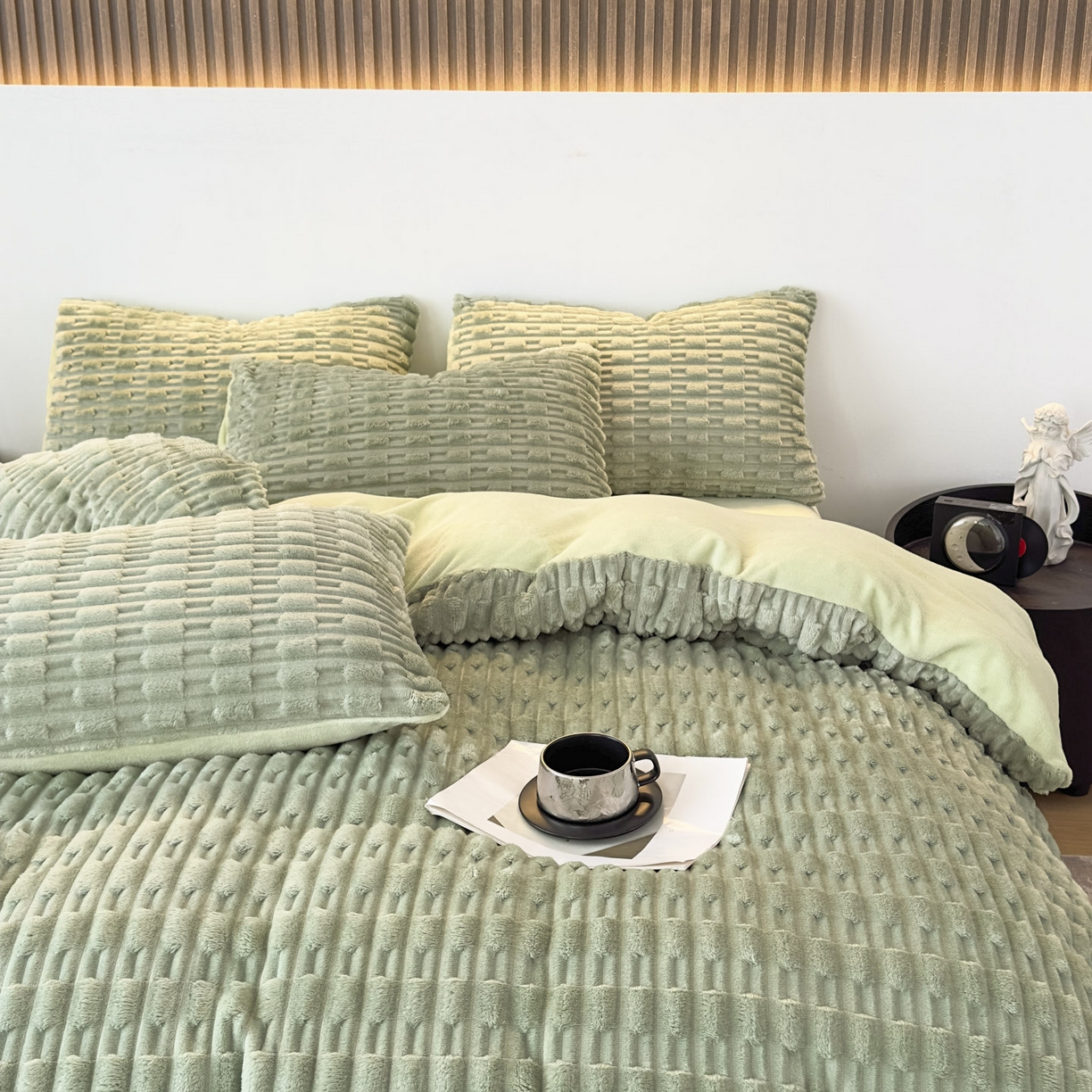 91家纺网 家纺一手货源 找家纺 潮邦创意家居 2025冬季竹纹绒牛奶绒四件套-暖绒竹韵系列 暖绒竹韵-艾绿