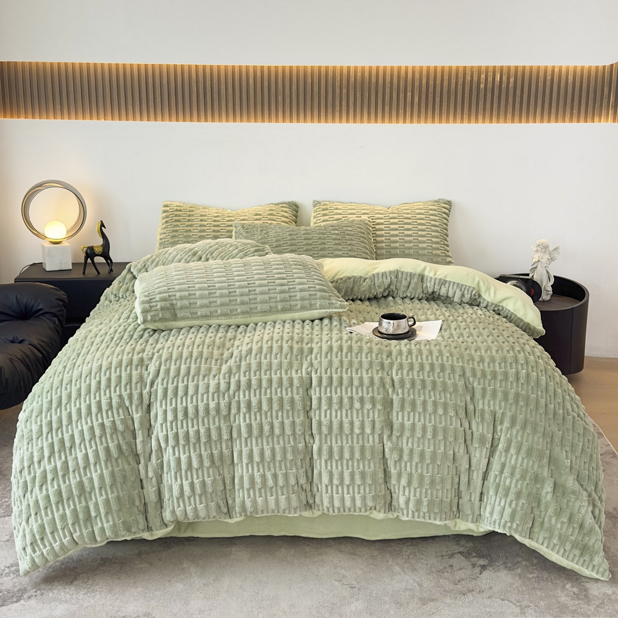 91家纺网 家纺一手货源 找家纺 潮邦创意家居 2025冬季竹纹绒牛奶绒四件套-暖绒竹韵系列 暖绒竹韵-艾绿