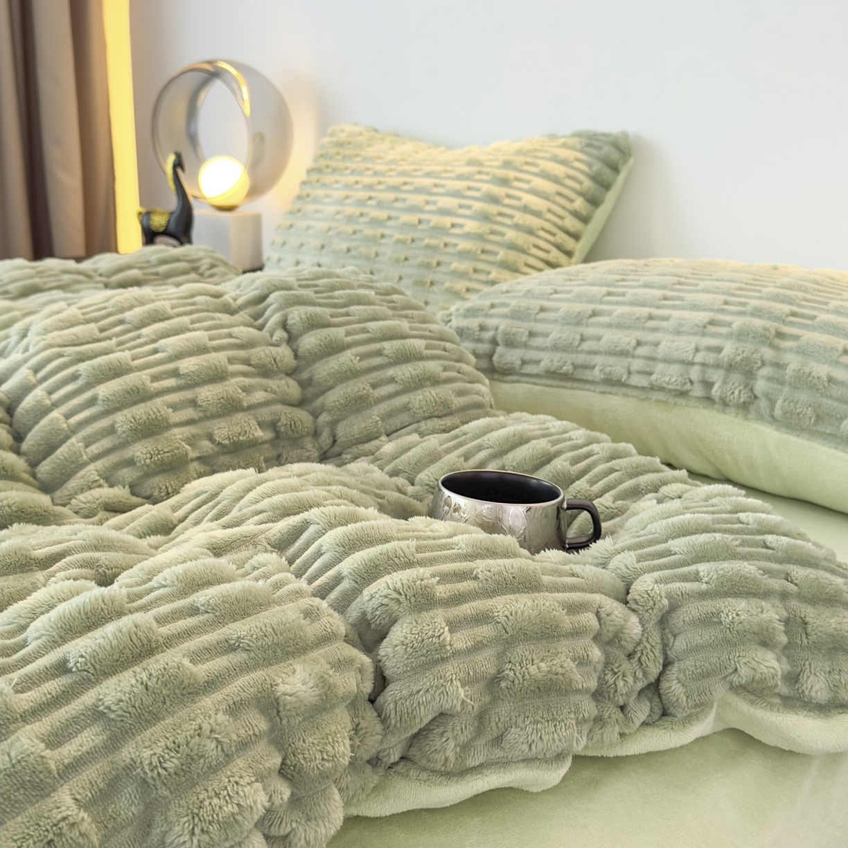 91家纺网 家纺一手货源 找家纺 潮邦创意家居 2025冬季竹纹绒牛奶绒四件套-暖绒竹韵系列 暖绒竹韵-艾绿