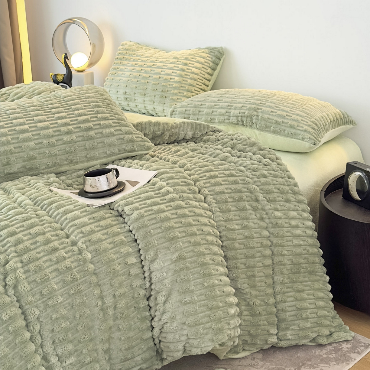 91家纺网 家纺一手货源 找家纺 潮邦创意家居 2025冬季竹纹绒牛奶绒四件套-暖绒竹韵系列 暖绒竹韵-艾绿