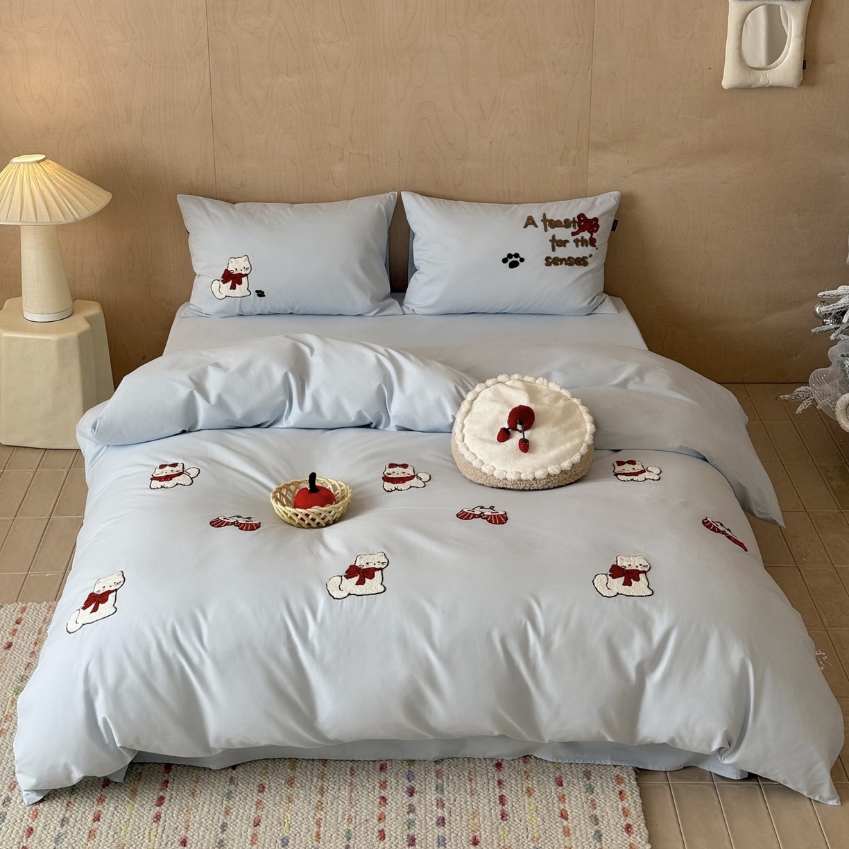 91家纺网 家纺一手货源 找家纺 鹿班家居 2025新款100S全棉纯棉磨毛毛巾绣四件套-甜豆小猫 甜豆小猫-蓝色