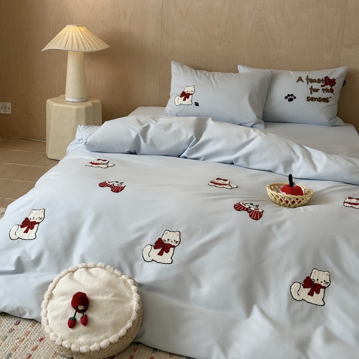 91家纺网 家纺一手货源 找家纺 鹿班家居 2025新款100S全棉纯棉磨毛毛巾绣四件套-甜豆小猫 甜豆小猫-蓝色