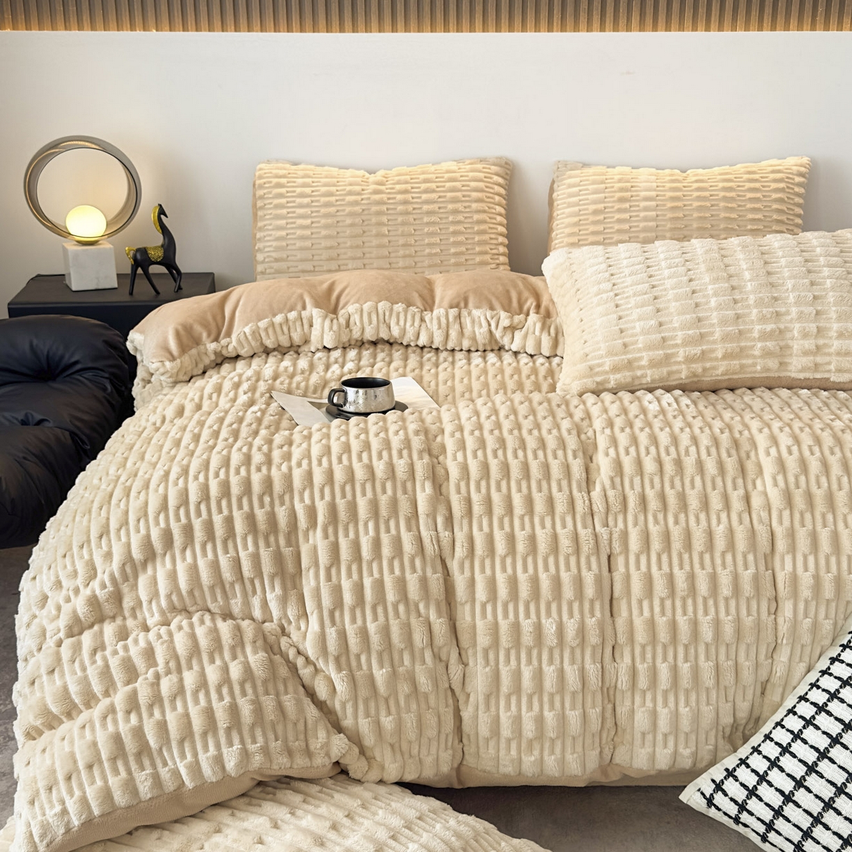 91家纺网 家纺一手货源 找家纺 潮邦创意家居 2025冬季竹纹绒牛奶绒四件套-暖绒竹韵系列 暖绒竹韵-米咖