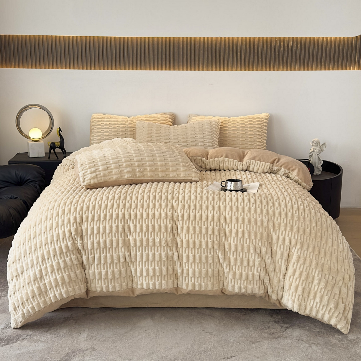 91家纺网 家纺一手货源 找家纺 潮邦创意家居 2025冬季竹纹绒牛奶绒四件套-暖绒竹韵系列 暖绒竹韵-米咖