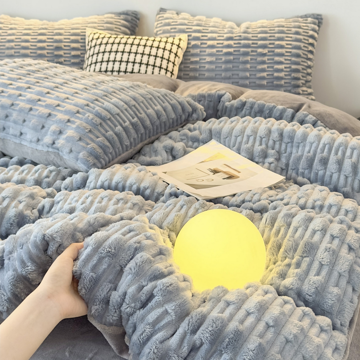 潮邦创意家居 2025冬季竹纹绒牛奶绒四件套-暖绒竹韵系列 暖绒竹韵-浅蓝