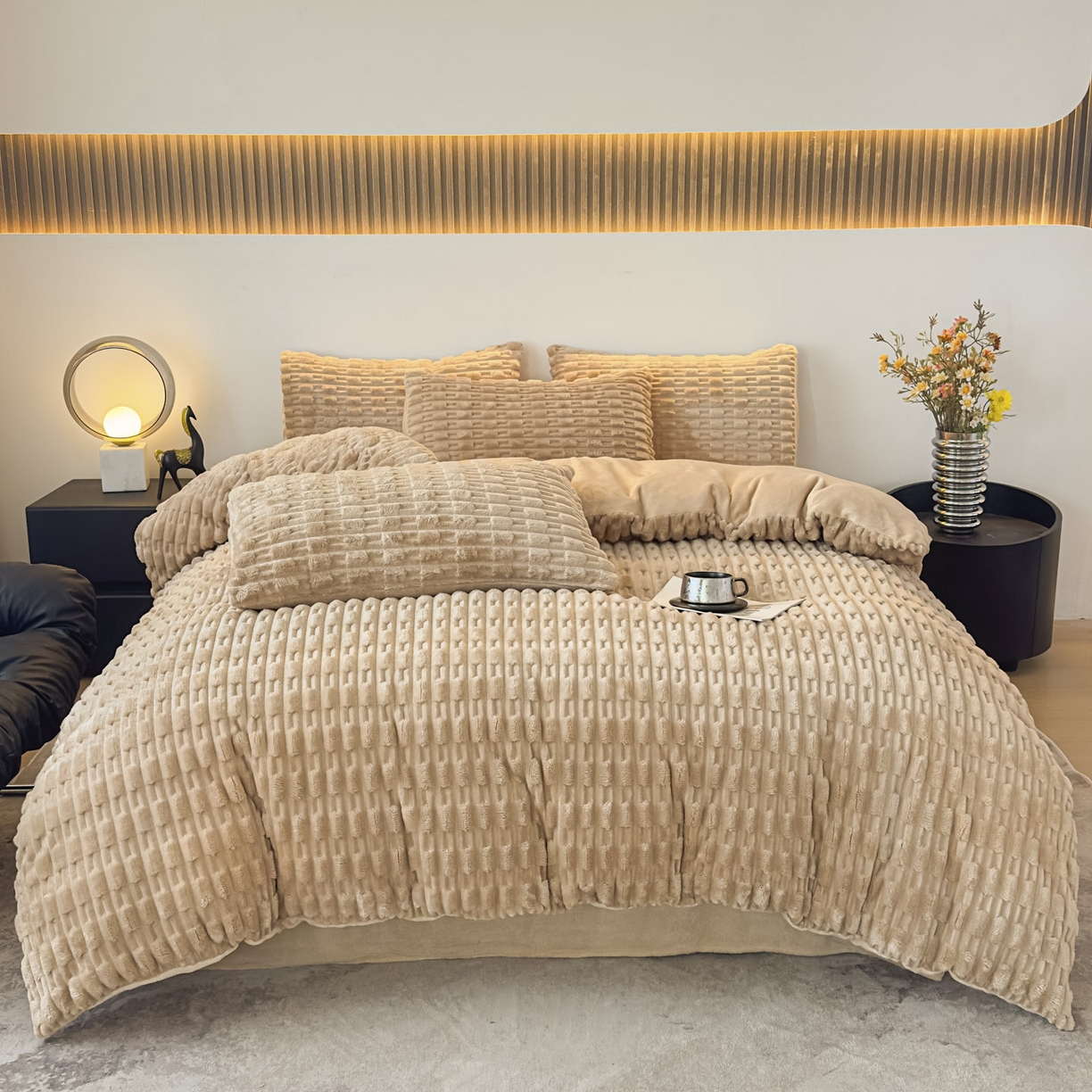 91家纺网 家纺一手货源 找家纺 潮邦创意家居 2025冬季竹纹绒牛奶绒四件套-暖绒竹韵系列 暖绒竹韵-浅驼