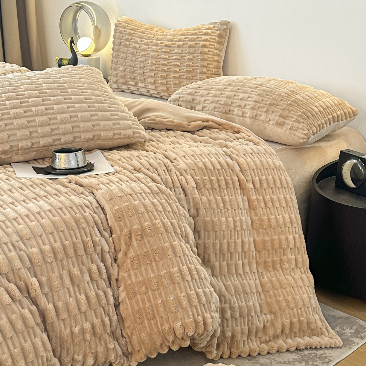 91家纺网 家纺一手货源 找家纺 潮邦创意家居 2025冬季竹纹绒牛奶绒四件套-暖绒竹韵系列 暖绒竹韵-浅驼