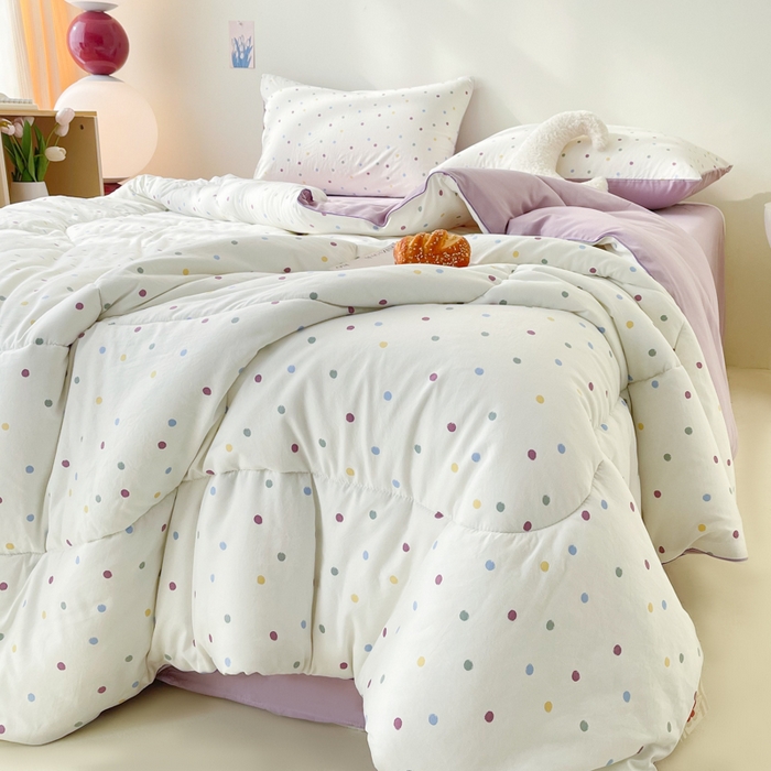 91家纺网 家纺一手货源 找家纺 梵克保罗 2025新款水洗棉糯小棉夏被夏被四件套四季被春秋被单人学生双人被子被芯 波点紫