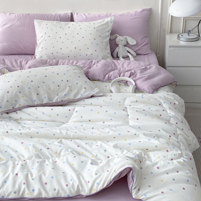 91家纺网 家纺一手货源 找家纺 梵克保罗 2025新款水洗棉糯小棉夏被夏被四件套四季被春秋被单人学生双人被子被芯 波点紫