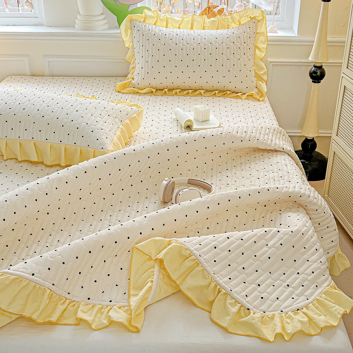 91家纺网 家纺一手货源 找家纺 水木坊 2025新款A有氧双层纱花边单床盖 床盖单件-提供买家秀 波点元素