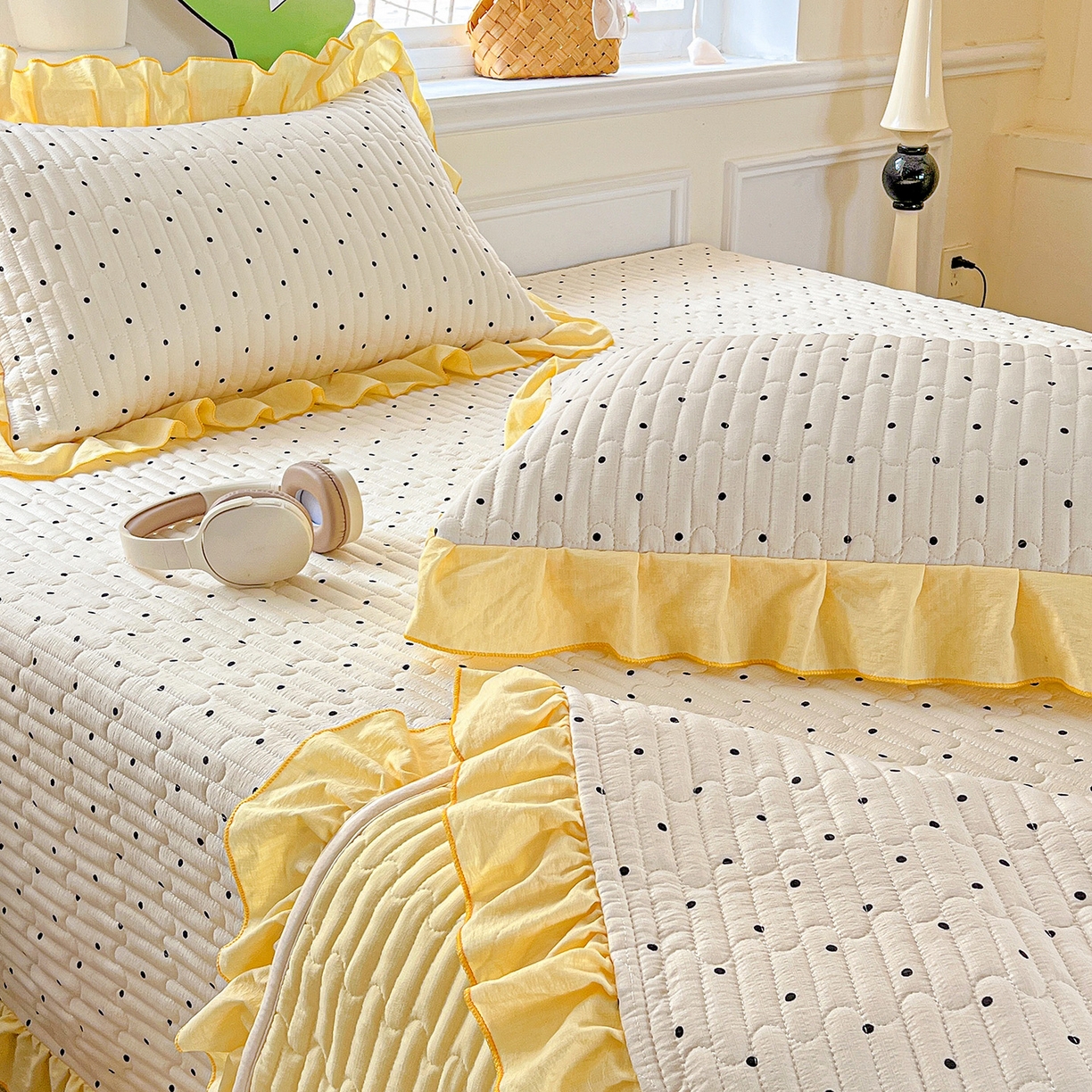 91家纺网 家纺一手货源 找家纺 水木坊 2025新款A有氧双层纱花边单床盖 床盖单件-提供买家秀 波点元素