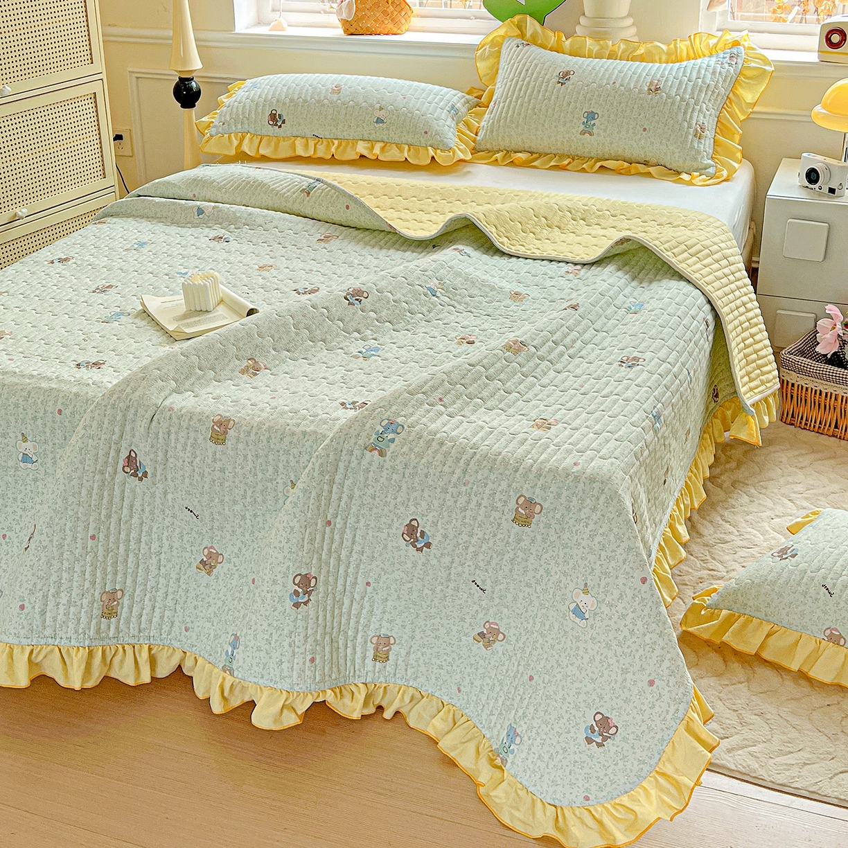 91家纺网 家纺一手货源 找家纺 水木坊 2025新款A有氧双层纱花边单床盖 床盖单件-提供买家秀 梦幻小象