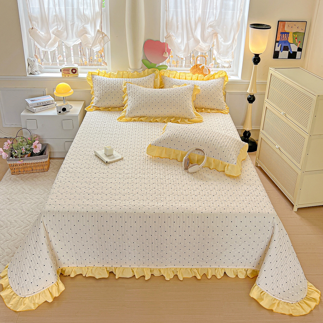 91家纺网 家纺一手货源 找家纺 水木坊 2025新款A有氧双层纱花边单床盖 床盖单件-提供买家秀 波点元素