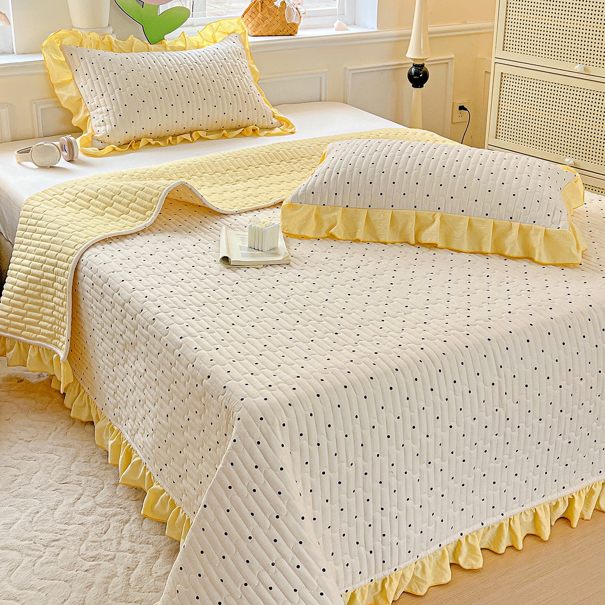 91家纺网 家纺一手货源 找家纺 水木坊 2025新款A有氧双层纱花边单床盖 床盖单件-提供买家秀 波点元素