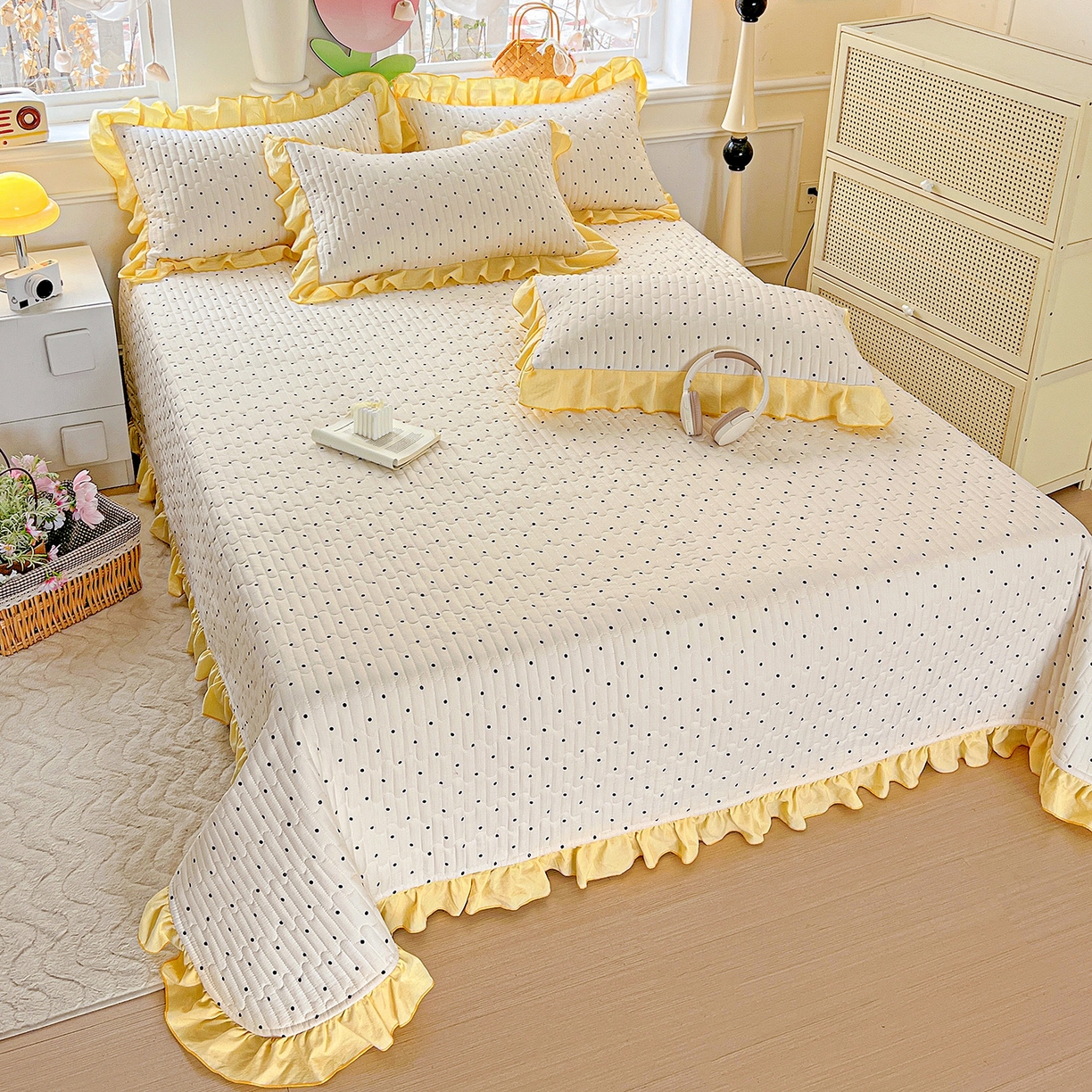 91家纺网 家纺一手货源 找家纺 水木坊 2025新款A有氧双层纱花边单床盖 床盖单件-提供买家秀 波点元素