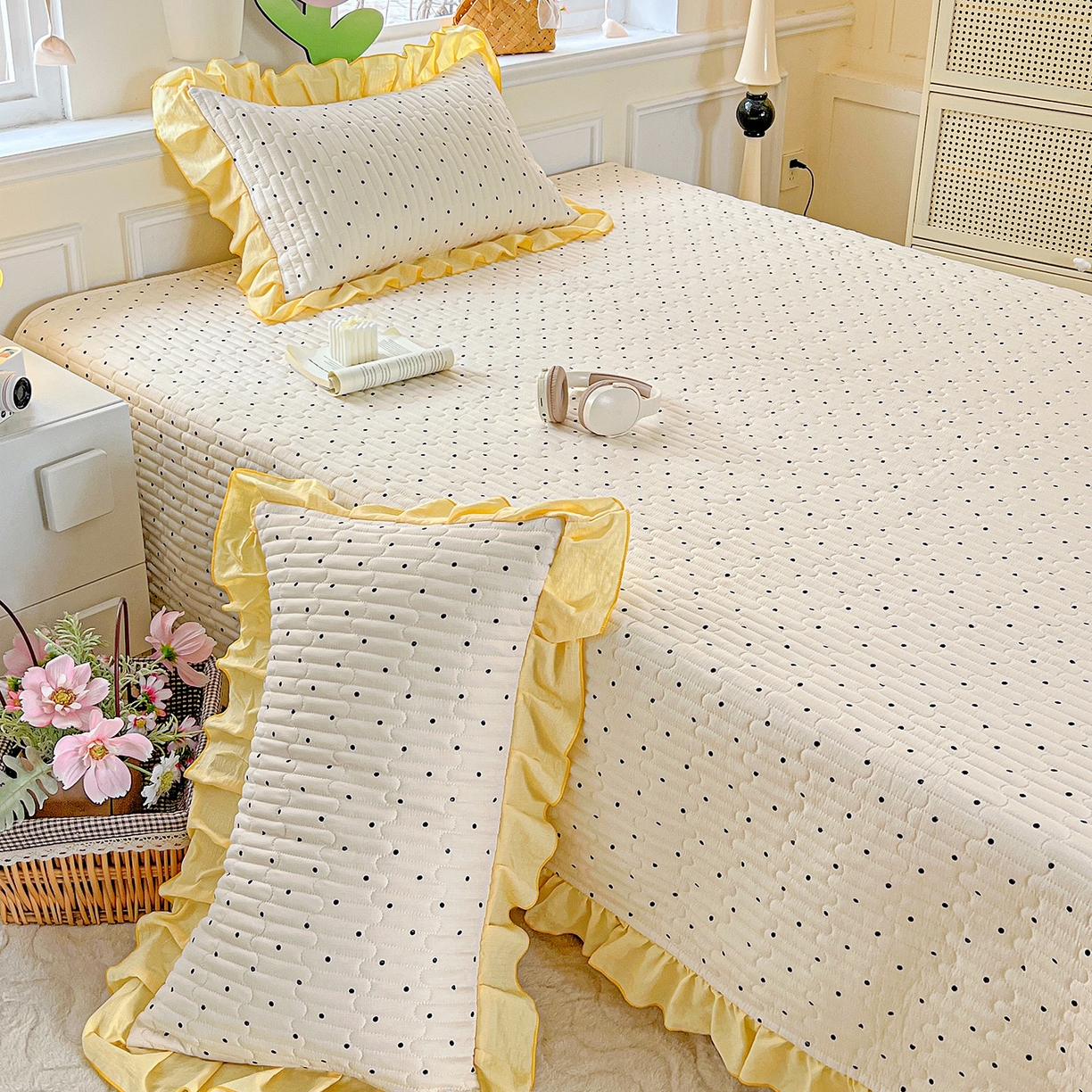 91家纺网 家纺一手货源 找家纺 水木坊 2025新款A有氧双层纱花边单床盖 床盖单件-提供买家秀 波点元素