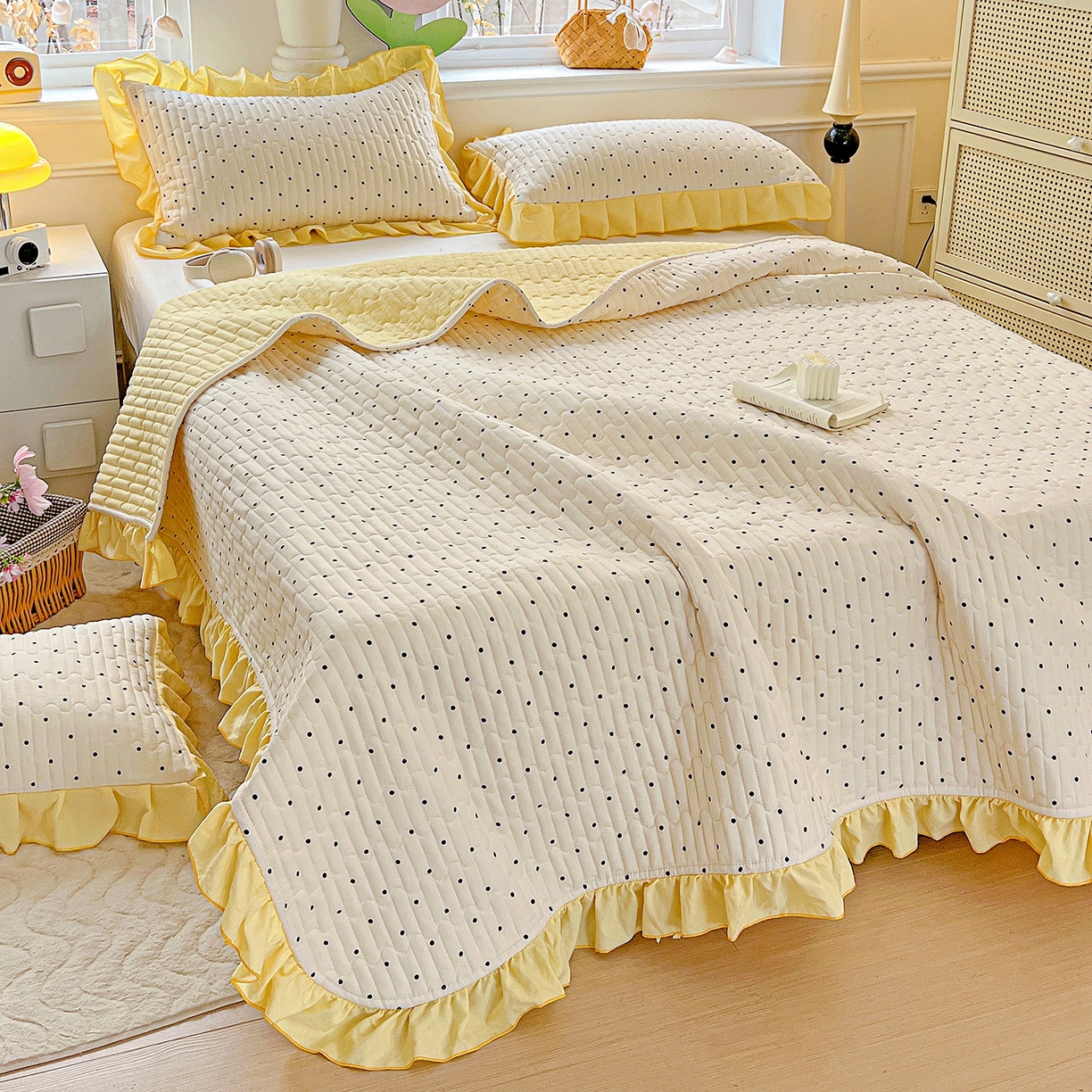 91家纺网 家纺一手货源 找家纺 水木坊 2025新款A有氧双层纱花边单床盖 床盖单件-提供买家秀 波点元素