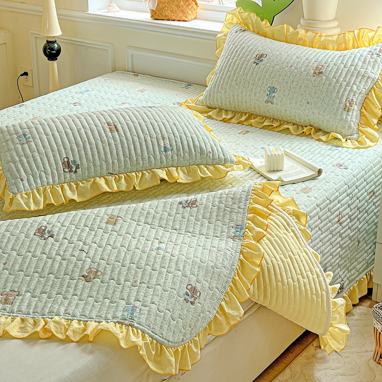 91家纺网 家纺一手货源 找家纺 水木坊 2025新款A有氧双层纱花边单床盖 床盖单件-提供买家秀 梦幻小象