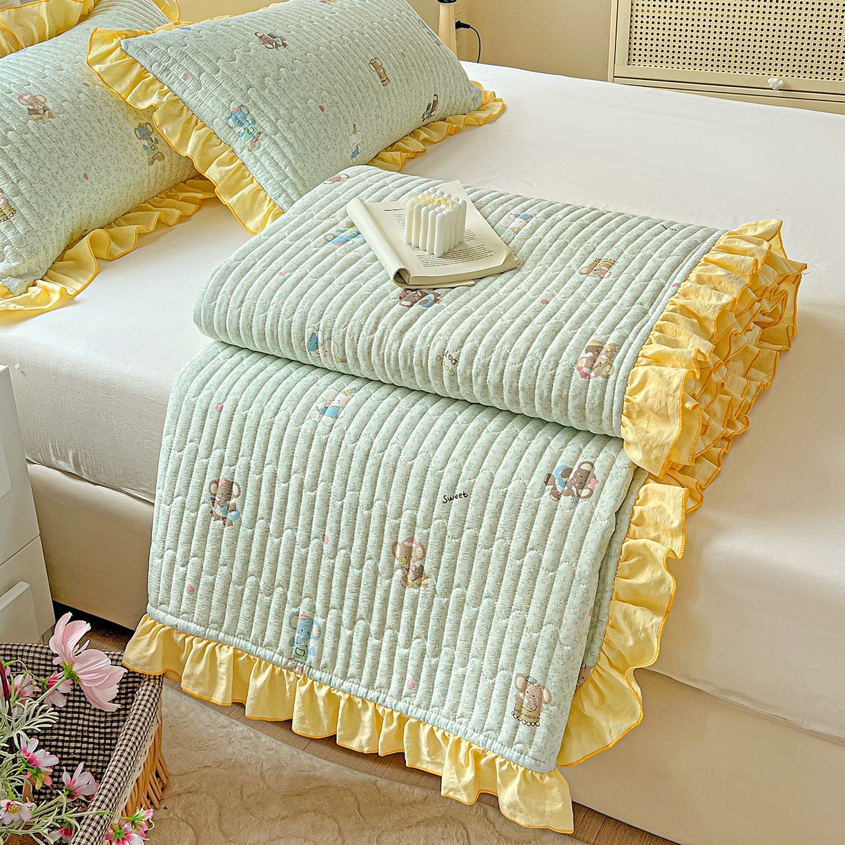 91家纺网 家纺一手货源 找家纺 水木坊 2025新款A有氧双层纱花边单床盖 床盖单件-提供买家秀 梦幻小象