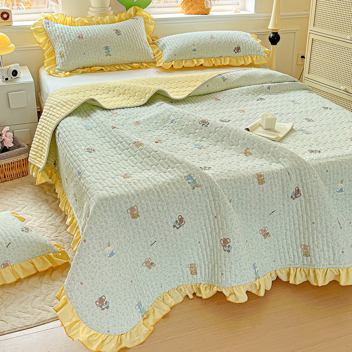 91家纺网 家纺一手货源 找家纺 水木坊 2025新款A有氧双层纱花边单床盖 床盖单件-提供买家秀 梦幻小象