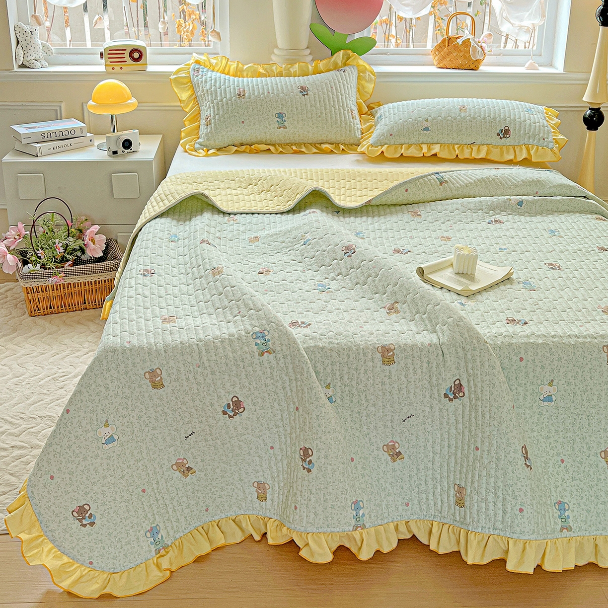 91家纺网 家纺一手货源 找家纺 水木坊 2025新款A有氧双层纱花边单床盖 床盖单件-提供买家秀 梦幻小象