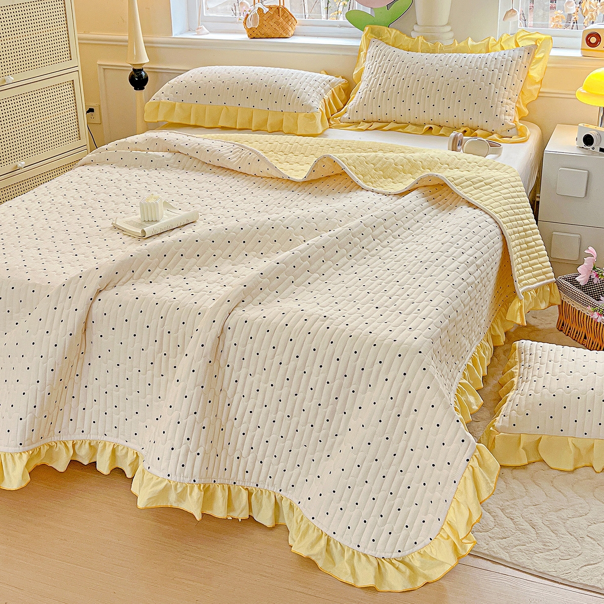 91家纺网 家纺一手货源 找家纺 水木坊 2025新款A有氧双层纱花边单床盖 床盖单件-提供买家秀 波点元素