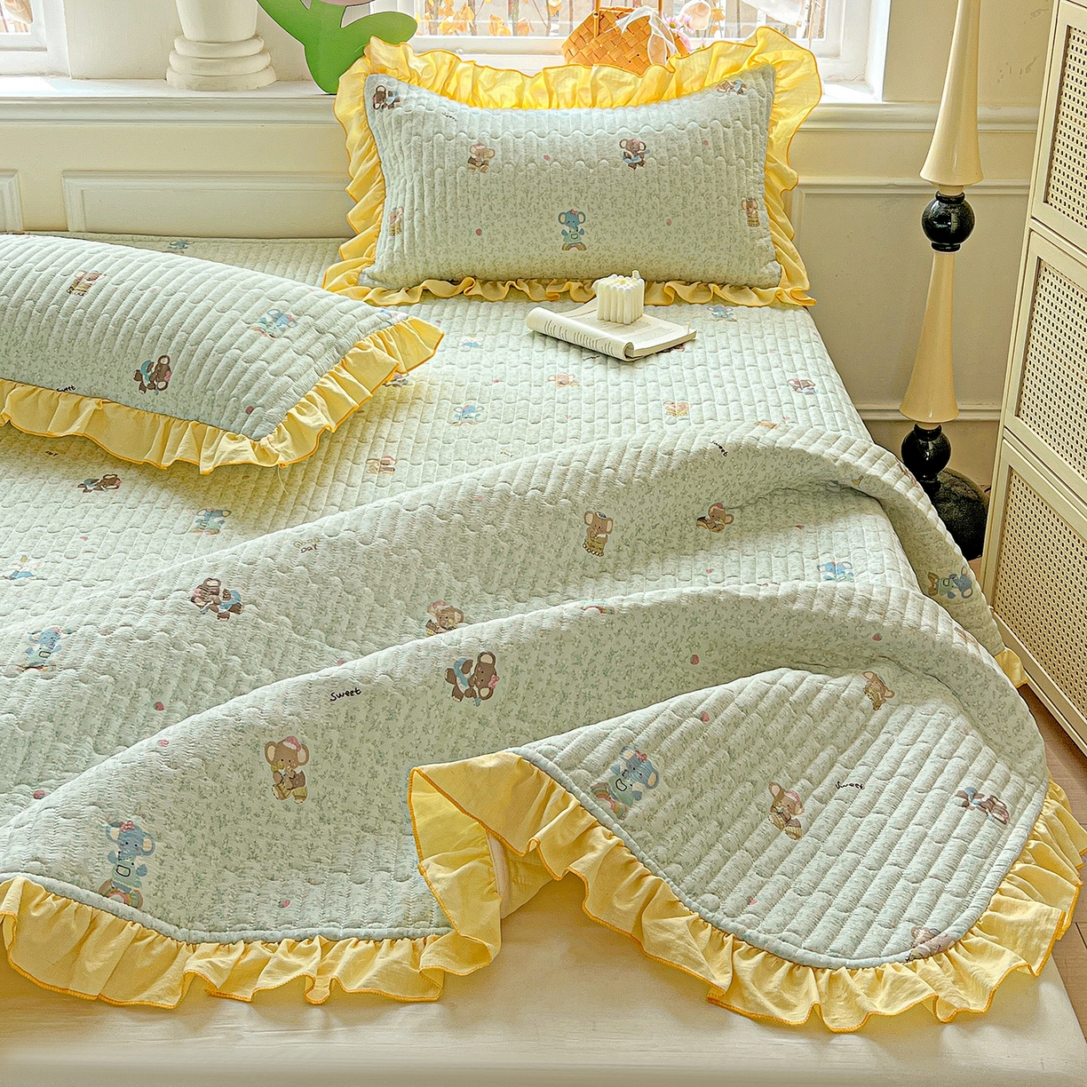 91家纺网 家纺一手货源 找家纺 水木坊 2025新款A有氧双层纱花边单床盖 床盖单件-提供买家秀 梦幻小象