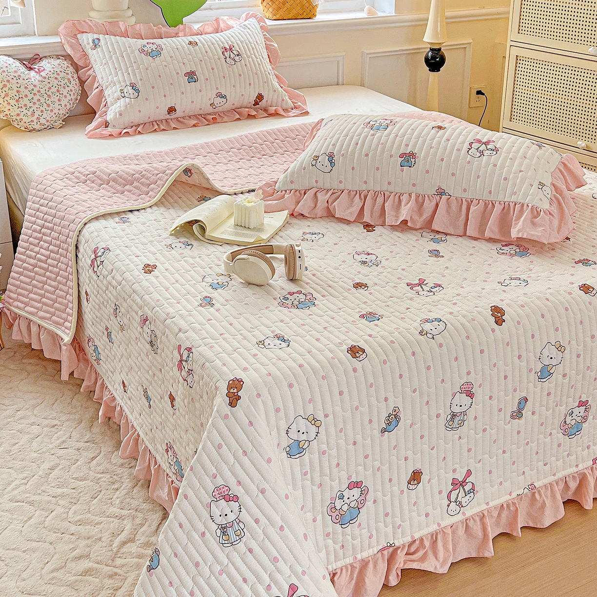 91家纺网 家纺一手货源 找家纺 水木坊 2025新款A有氧双层纱花边单床盖 床盖单件-提供买家秀 糕冷kt小猫