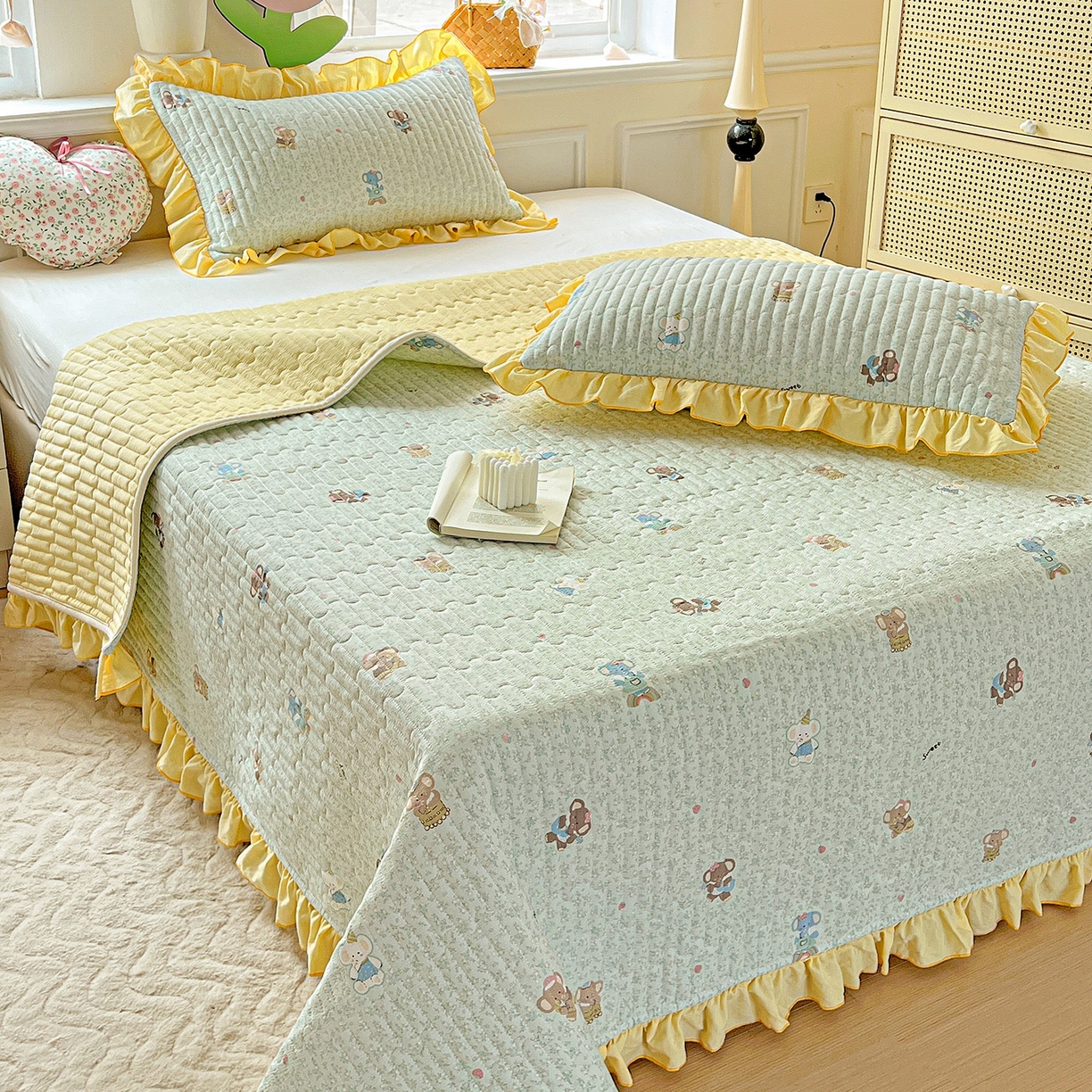 91家纺网 家纺一手货源 找家纺 水木坊 2025新款A有氧双层纱花边单床盖 床盖单件-提供买家秀 梦幻小象