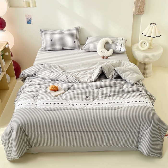 91家纺网 家纺一手货源 找家纺 梵克保罗 2025新款水洗棉糯小棉夏被夏被四件套四季被春秋被单人学生双人被子被芯 灰色蝴蝶结