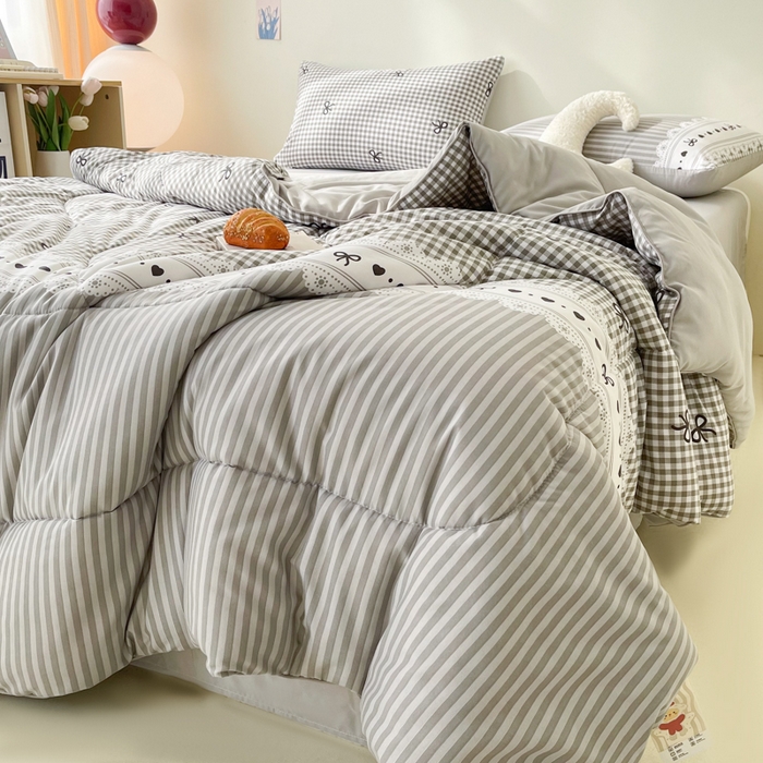 91家纺网 家纺一手货源 找家纺 梵克保罗 2025新款水洗棉糯小棉夏被夏被四件套四季被春秋被单人学生双人被子被芯 灰色蝴蝶结