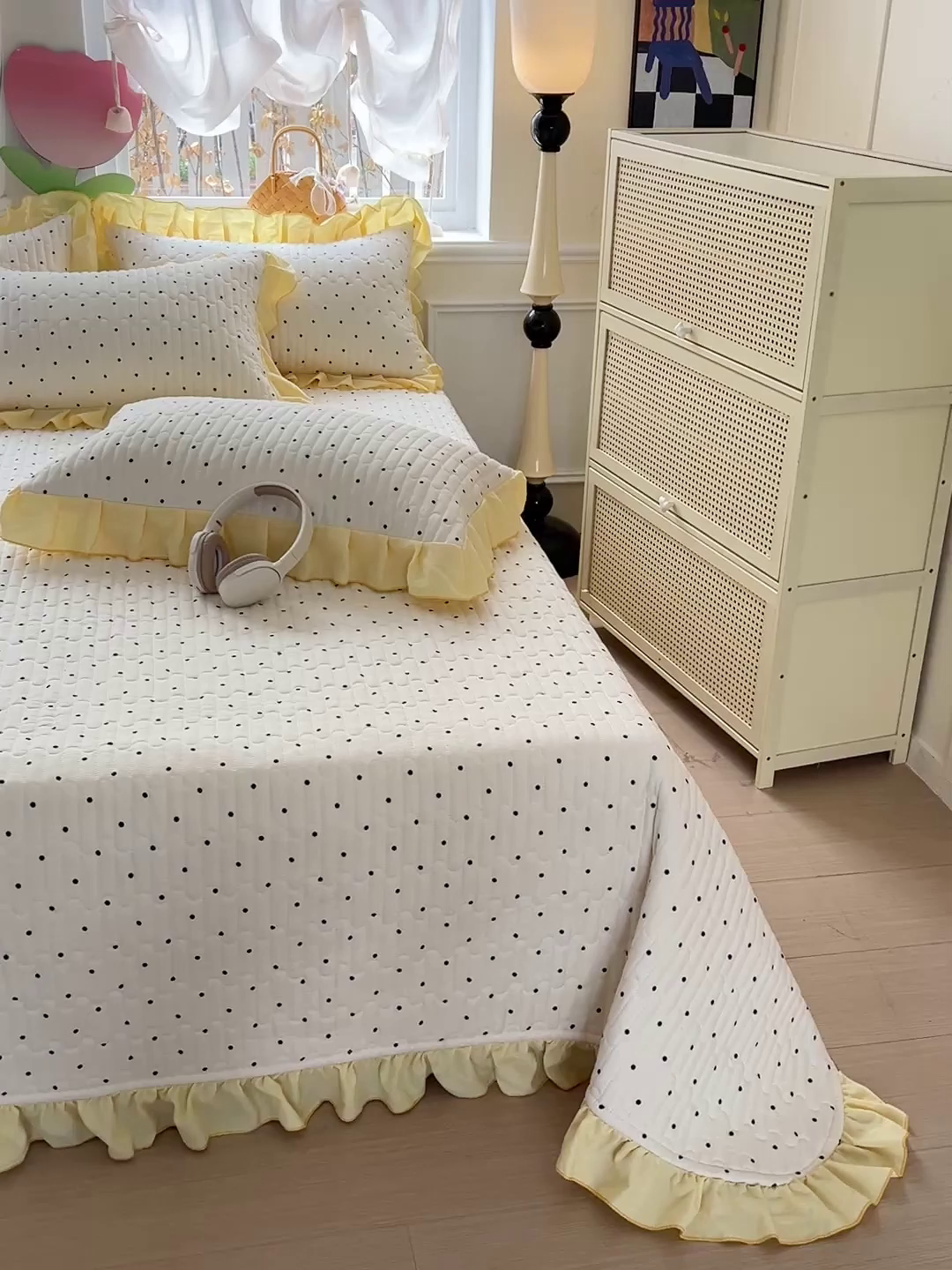 91家纺网 家纺一手货源 找家纺 水木坊 2025新款A有氧双层纱花边单床盖 床盖单件-提供买家秀 波点元素