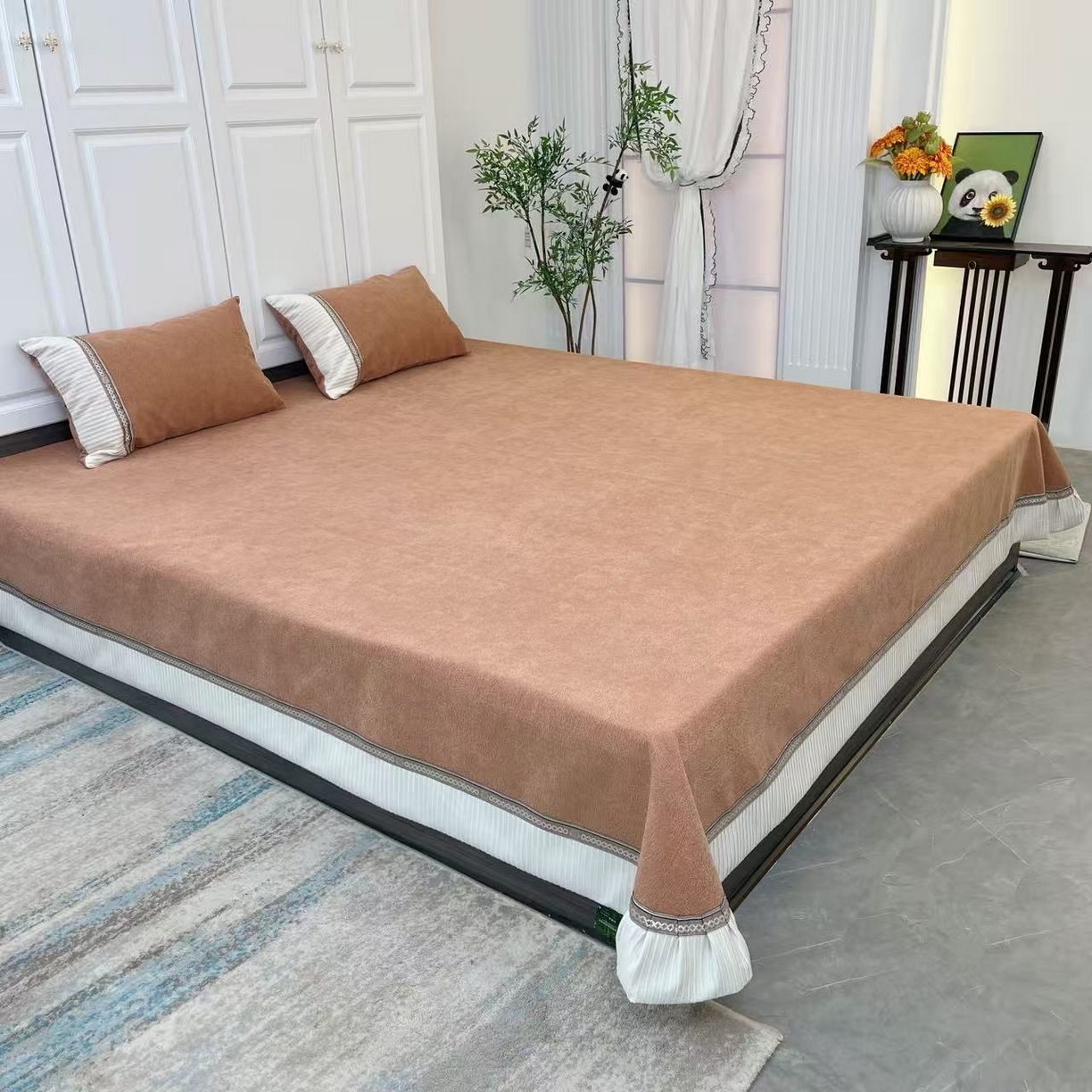 91家纺网 家纺一手货源 找家纺 （总）暖木杨 2025新款雪尼尔柔软亲肤床用床盖四季可用可机洗防滑耐磨-奶茶