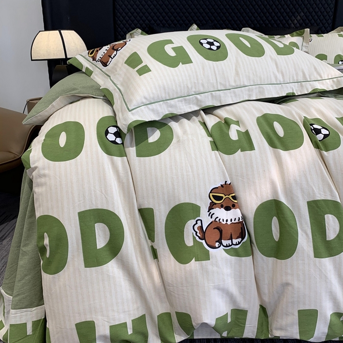 91家纺网 家纺一手货源 找家纺 莱豫家纺 2025新款全棉100%纯棉加厚磨毛四件套 字母狗狗