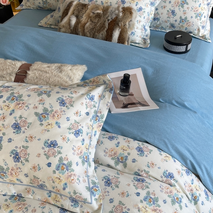 91家纺网 家纺一手货源 找家纺 莱豫家纺 2025新款全棉100%纯棉加厚磨毛四件套 花意蓝