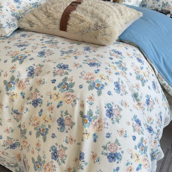 91家纺网 家纺一手货源 找家纺 莱豫家纺 2025新款全棉100%纯棉加厚磨毛四件套 花意蓝