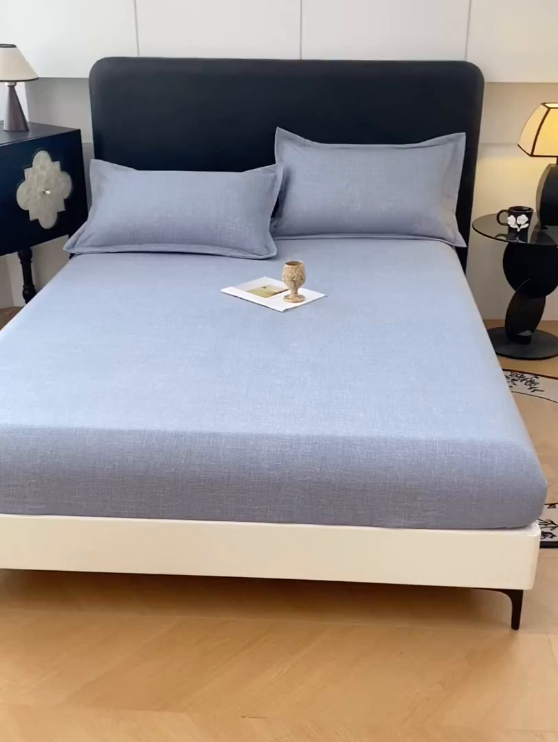 91家纺网 家纺一手货源 找家纺 梦舒羽 2025新款原麻床笠机洗家用防滑透气四季款床罩床垫床单保护套 帝都蓝