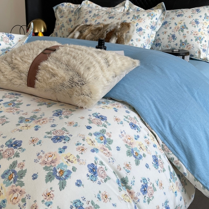 91家纺网 家纺一手货源 找家纺 莱豫家纺 2025新款全棉100%纯棉加厚磨毛四件套 花意蓝