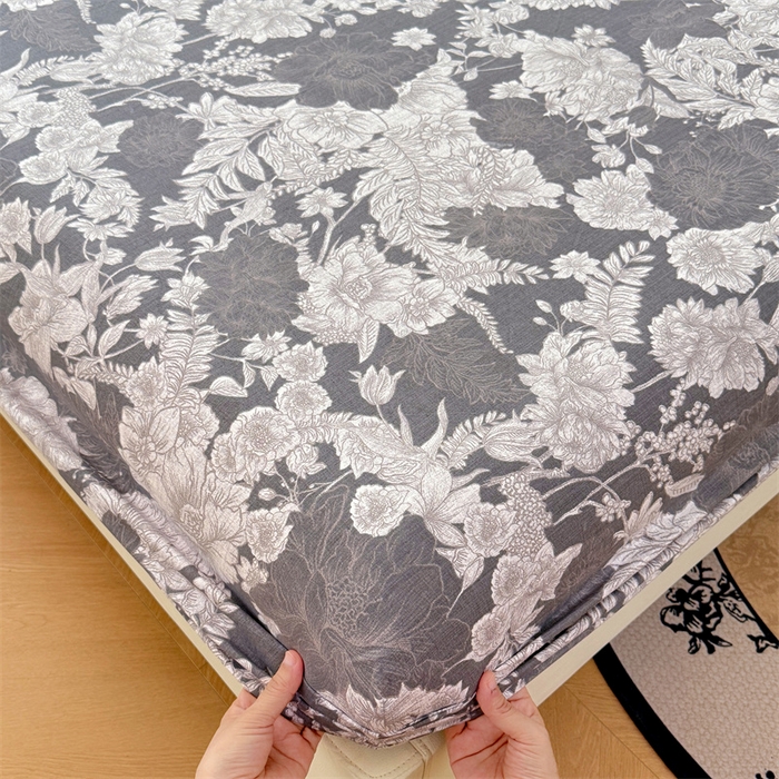 91家纺网 家纺一手货源 找家纺 梦舒羽 2025新款原麻床笠机洗家用防滑透气四季款床罩床垫床单保护套 浮绘花影-白