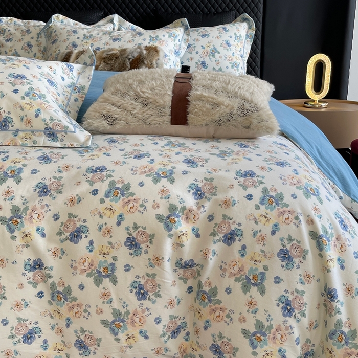 91家纺网 家纺一手货源 找家纺 莱豫家纺 2025新款全棉100%纯棉加厚磨毛四件套 花意蓝