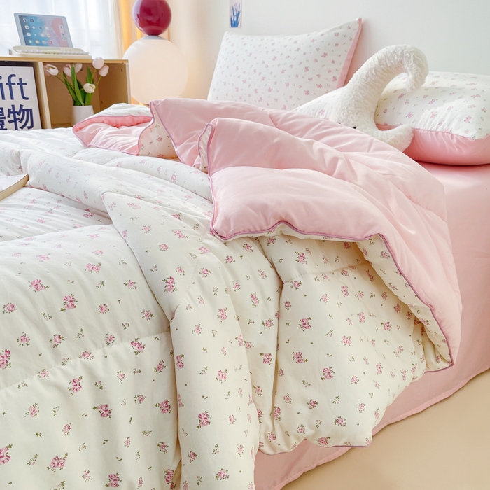 91家纺网 家纺一手货源 找家纺 梵克保罗 2025新款水洗棉糯小棉夏被夏被四件套四季被春秋被单人学生双人被子被芯 田园小花粉