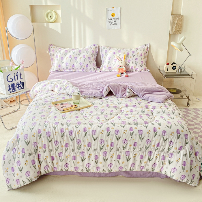 91家纺网 家纺一手货源 找家纺 梵克保罗 2025新款水洗棉糯小棉夏被夏被四件套四季被春秋被单人学生双人被子被芯 香芋紫