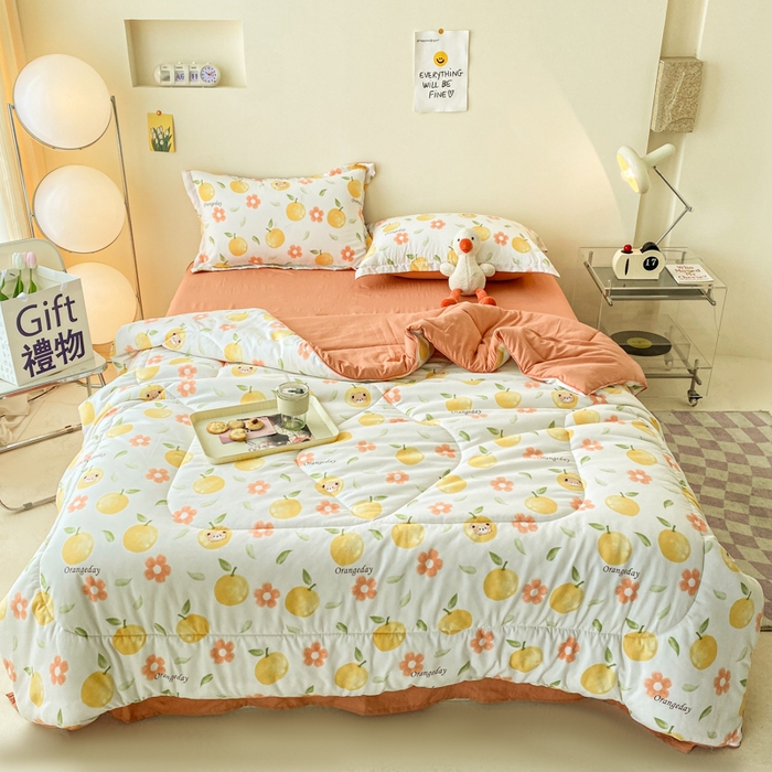 91家纺网 家纺一手货源 找家纺 梵克保罗 2025新款水洗棉糯小棉夏被夏被四件套四季被春秋被单人学生双人被子被芯 心想事橙