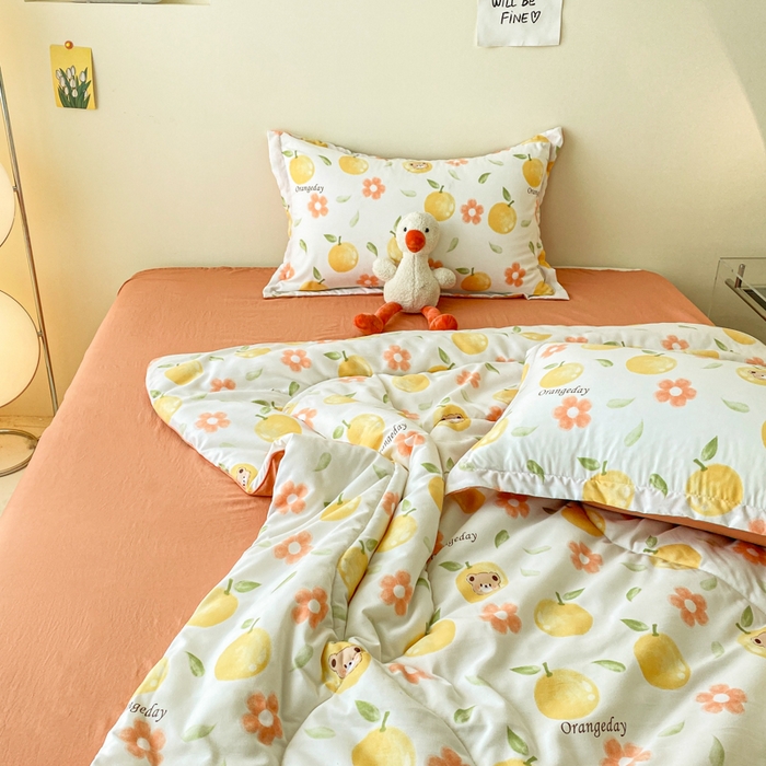 91家纺网 家纺一手货源 找家纺 梵克保罗 2025新款水洗棉糯小棉夏被夏被四件套四季被春秋被单人学生双人被子被芯 心想事橙