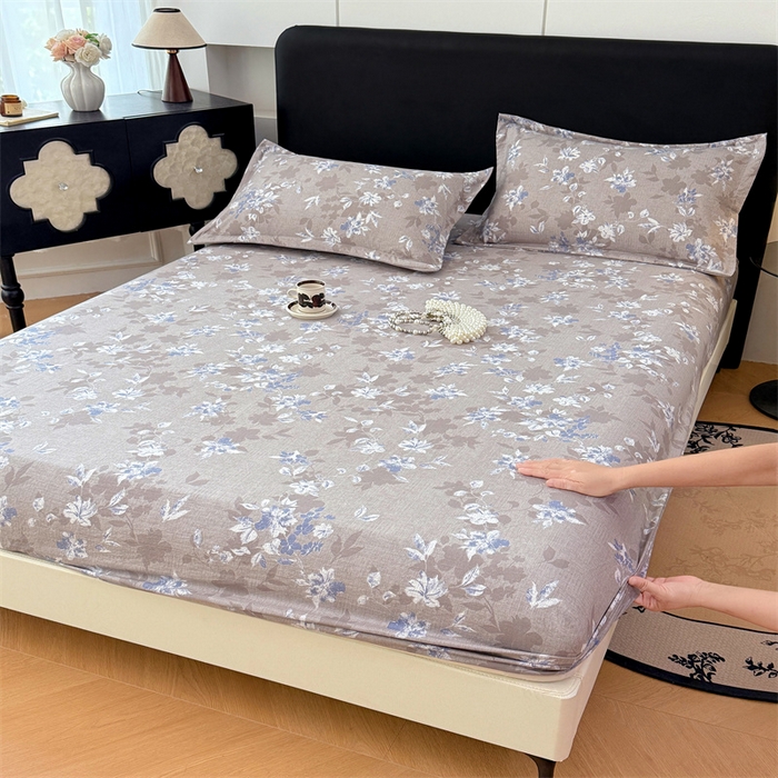 91家纺网 家纺一手货源 找家纺 梦舒羽 2025新款原麻床笠机洗家用防滑透气四季款床罩床垫床单保护套 漫步花丛-蓝
