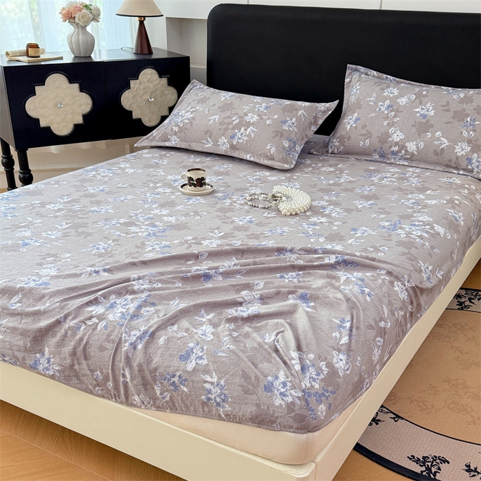91家纺网 家纺一手货源 找家纺 梦舒羽 2025新款原麻床笠机洗家用防滑透气四季款床罩床垫床单保护套 漫步花丛-蓝