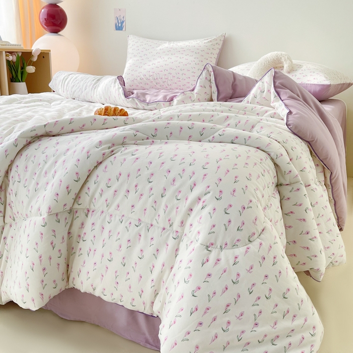 91家纺网 家纺一手货源 找家纺 梵克保罗 2025新款水洗棉糯小棉夏被夏被四件套四季被春秋被单人学生双人被子被芯 郁金香花海